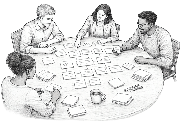 A small group co-designing at a table with cards